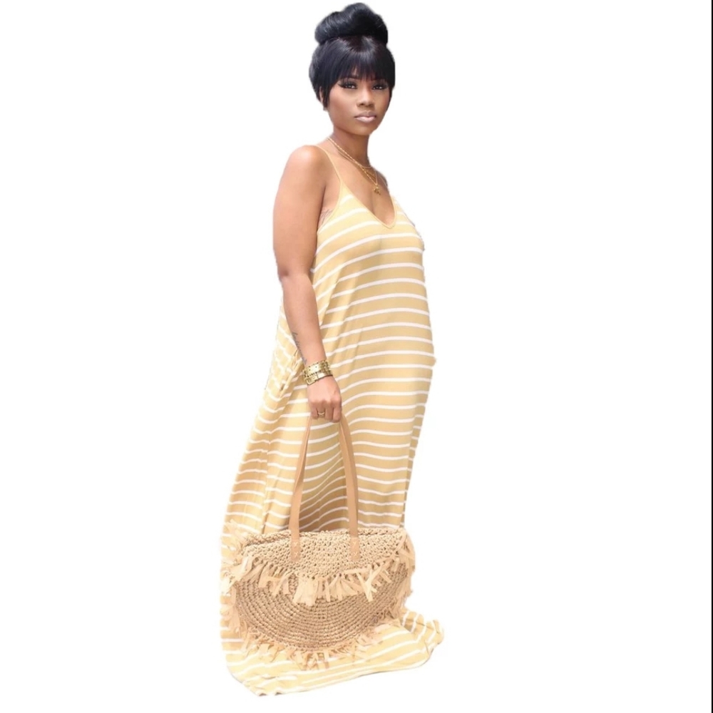 Khaki n white striped maxi dress w/pockets